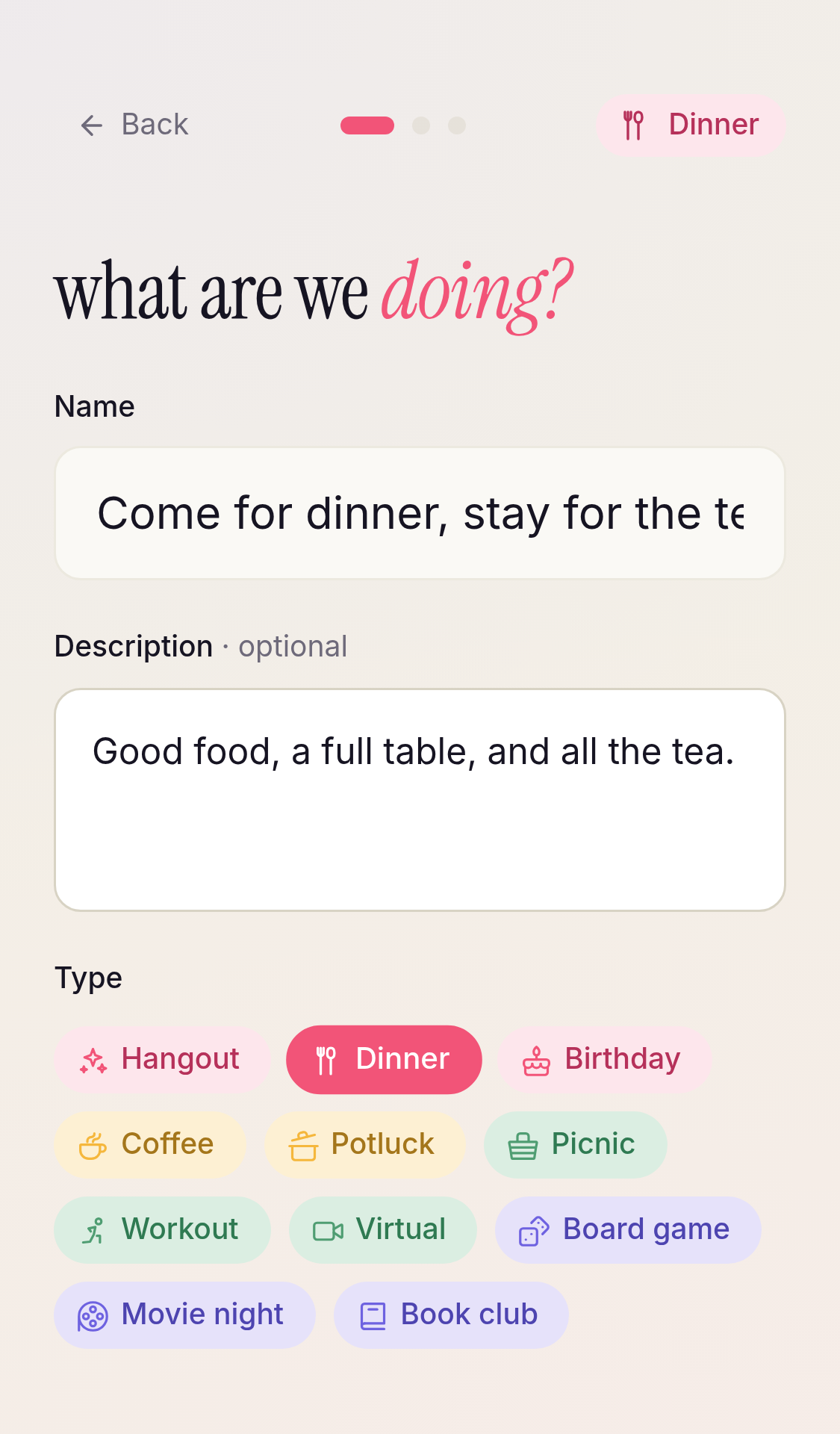 Start a hangout — naming a new event