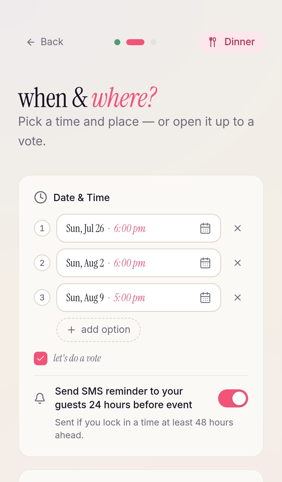 Set when and where — date, place, and extras