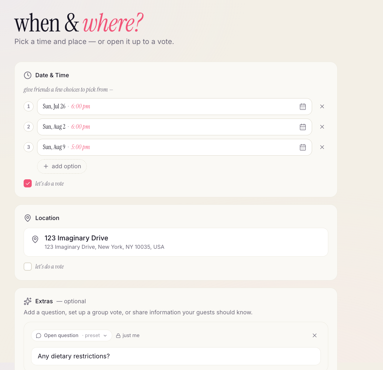 Set when and where — date, place, and extras